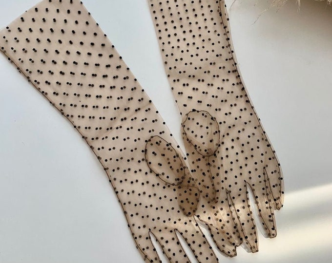 Tulle gloves for women Polka Dot small big beige Mesh Accessories nylon transperent opera girls long lace vintage retro elbow ruffle sheer