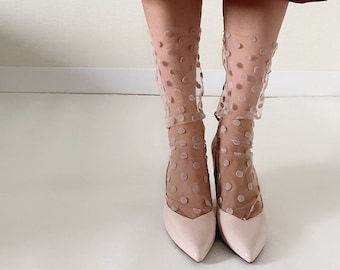 Powdery Sheer Tulle Nylon Polka Dot Socks, Lace Mesh Thin Cute Fashion Trendy Hosiery Handmade Designer Pink Dress Socks for Women, 0304