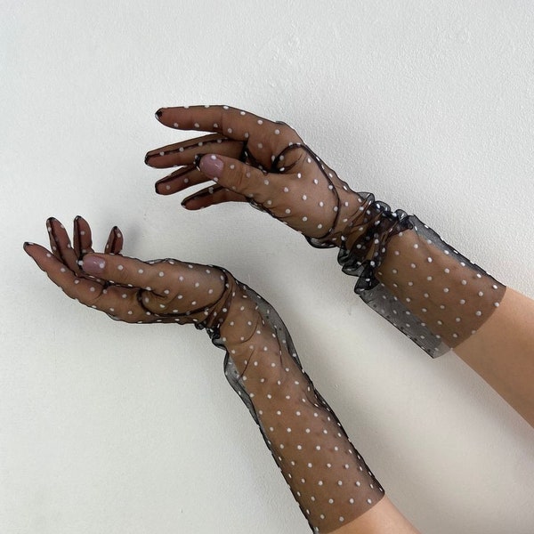 Tulle gloves for women Polka Dot small big black Mesh Accessories nylon transperent opera girls long lace vintage retro elbow ruffle sheer