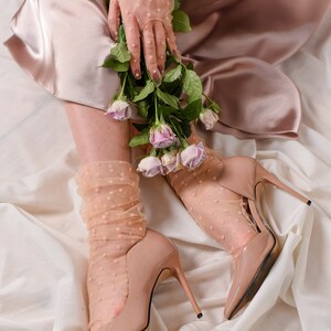 Polka Dot Tulle Socks, Peach Sheer Mesh Lace Hosiery for Women, Milky White Bridal Bridesmaid Gift Fashion Wedding Nylon Vintage Socks, Blue image 2