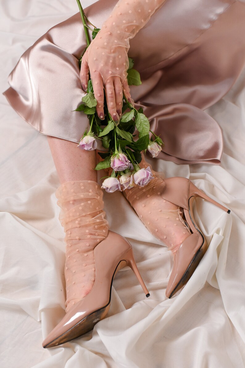 Polka Dot Tulle Socks, Peach Sheer Mesh Lace Hosiery for Women, Milky White Bridal Bridesmaid Gift Fashion Wedding Nylon Vintage Socks, Blue image 2