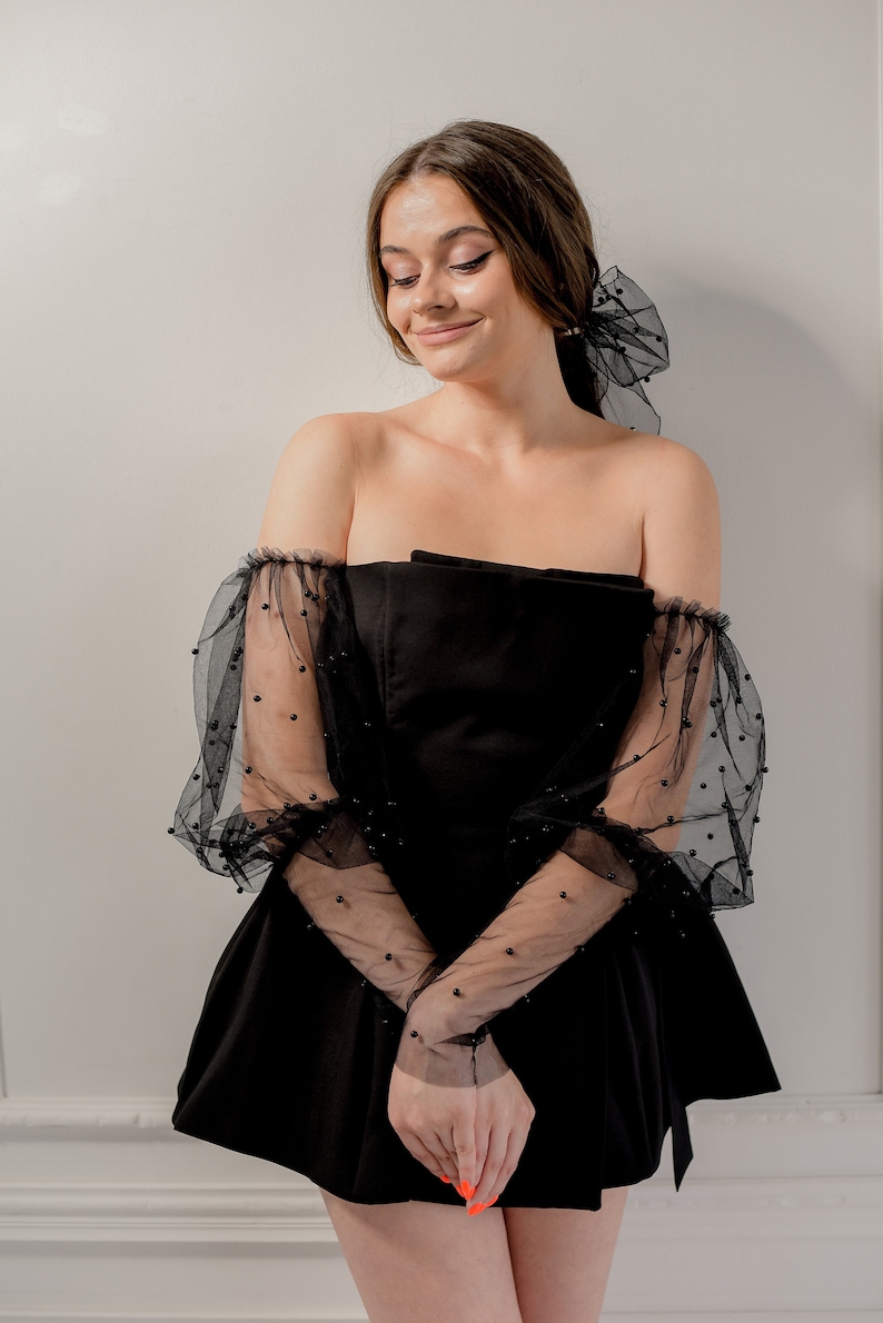 Detachable Sleeves for Wedding Dress, White Pearl Wedding Sleeves, Bridal Tulle Sleeves, Pearl Detachable Sleeves, Sheer Tulle Puff Sleeves image 8