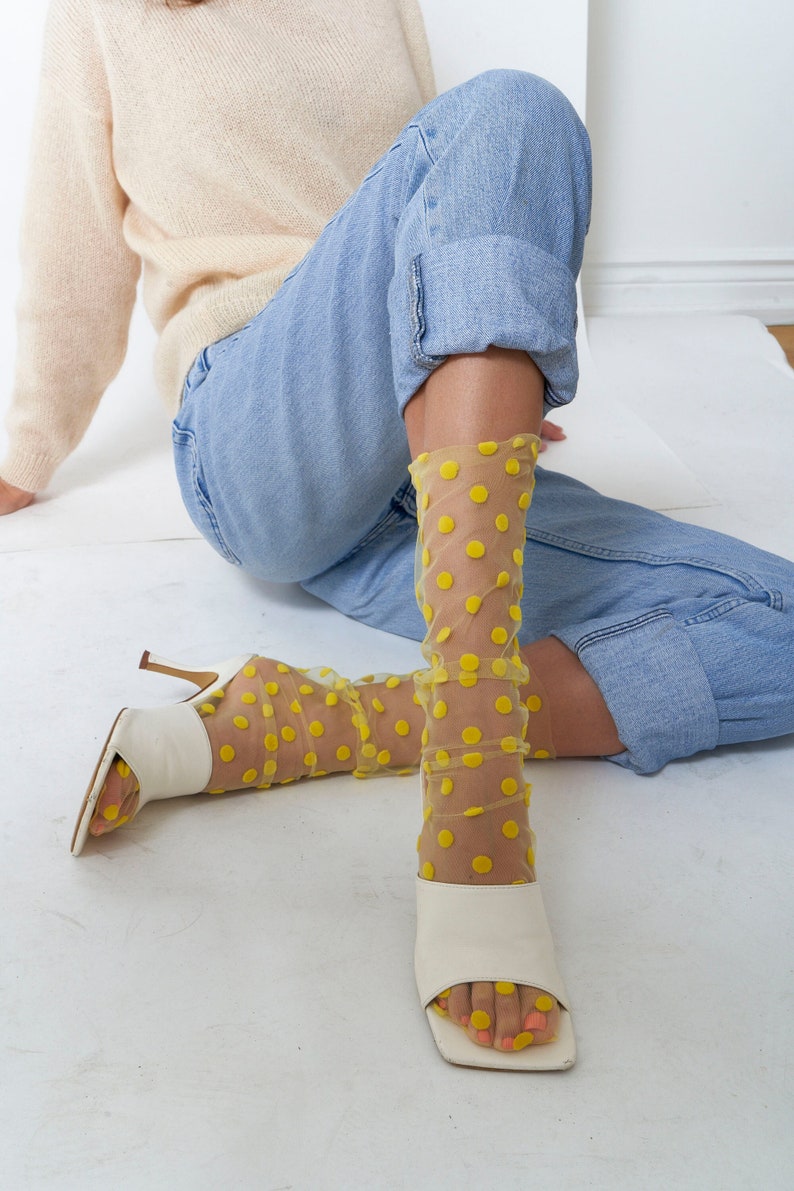 Tulle Polka Dot Socks, Sheer Nylon Socks, Mesh Socks with Big Dots, Lace Socks for Women, Socks for Heels Trendy Boot Yellow Sneaker Socks image 1