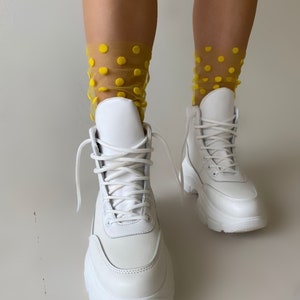 Tulle Polka Dot Socks, Sheer Nylon Socks, Mesh Socks with Big Dots, Lace Socks for Women, Socks for Heels Trendy Boot Black Sneaker Socks Yellow / 0308