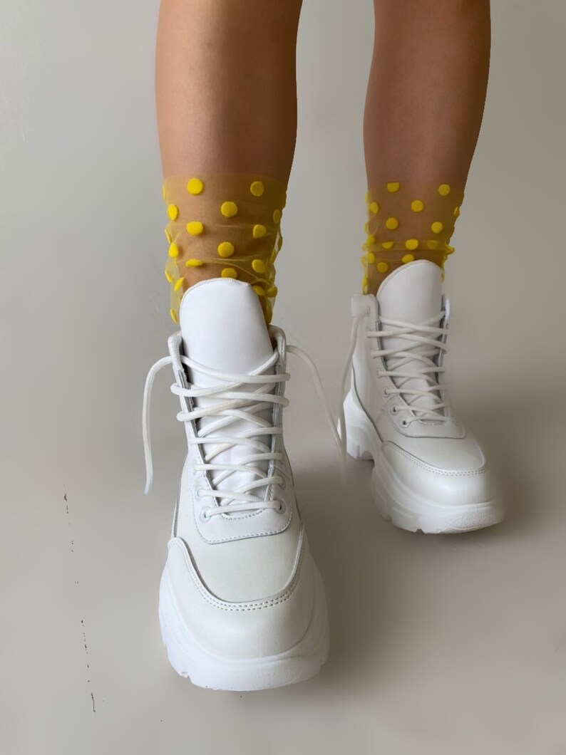 Tulle Polka Dot Socks, Sheer Nylon Socks, Mesh Socks with Big Dots, Lace Socks for Women, Socks for Heels Trendy Boot Black Sneaker Socks Yellow / 0308