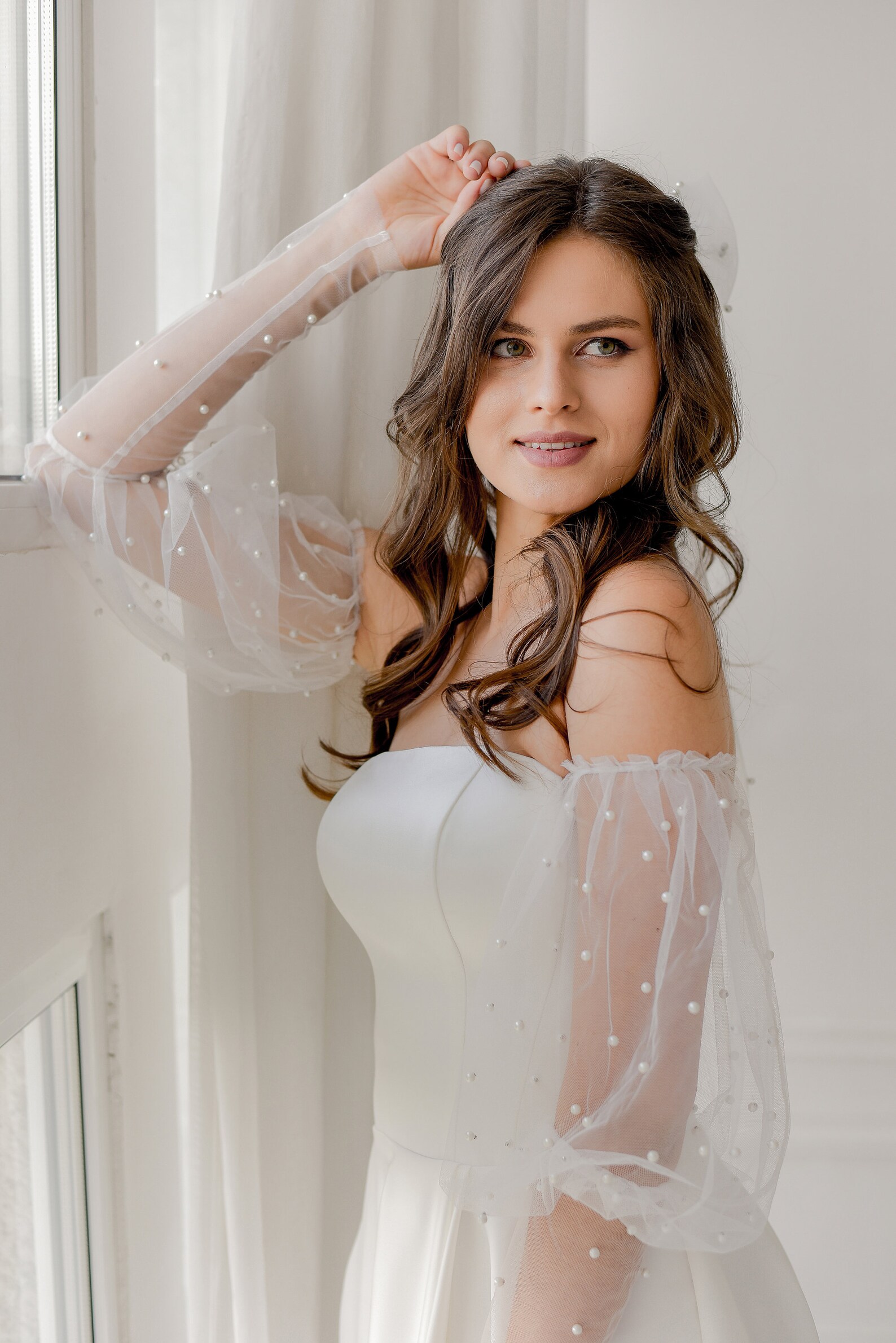 Detachable Sleeves for Wedding Dress, White Pearl Wedding Sleeves