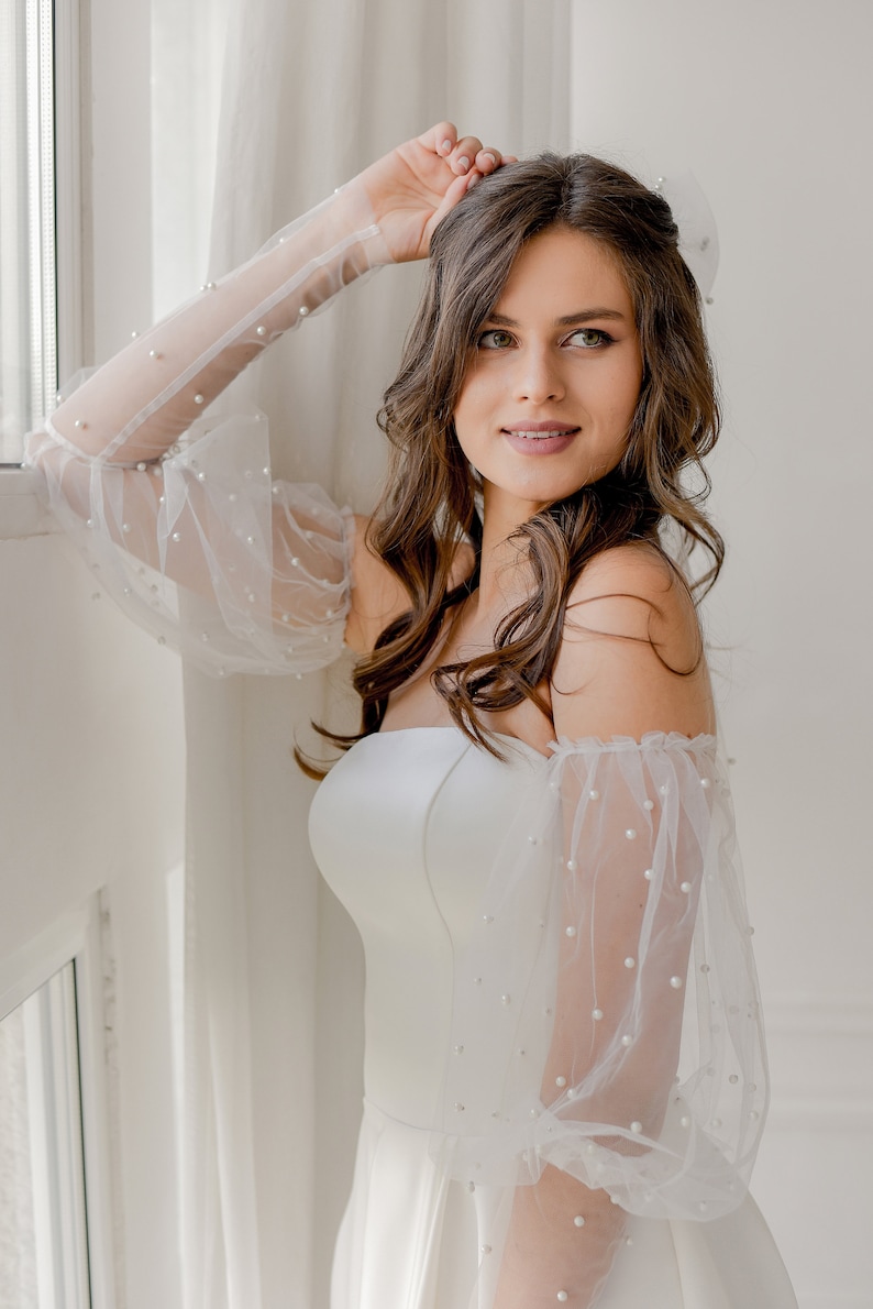 Detachable Sleeves for Wedding Dress, White Pearl Wedding Sleeves, Bridal Tulle Sleeves, Pearl Detachable Sleeves, Sheer Tulle Puff Sleeves image 3