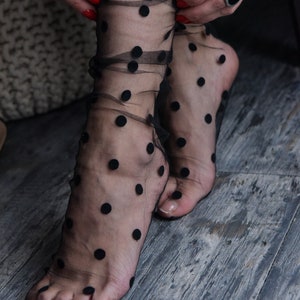 Black Polka Dot Tulle Socks, Sheer Black Socks for Women, Transparent Hosiery, Lace Socks for Women, Black Mesh Tulle Socks, Fashion Socks image 3