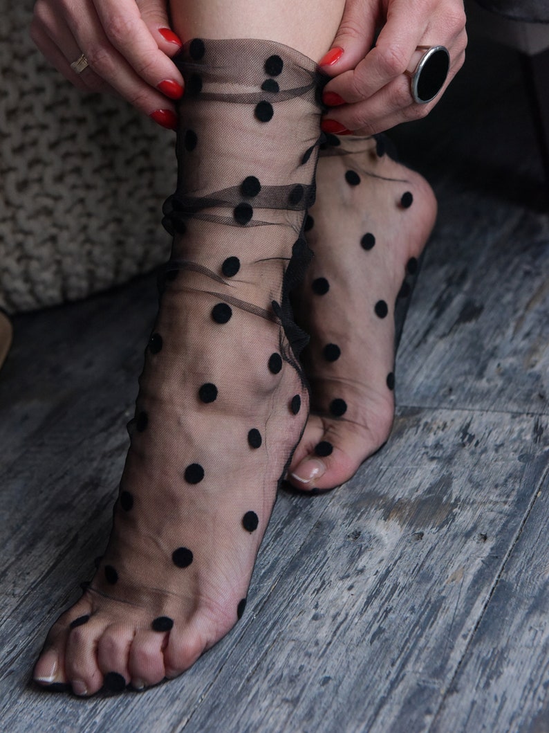 Black Polka Dot Tulle Socks, Sheer Black Socks for Women, Transparent Hosiery, Lace Socks for Women, Black Mesh Tulle Socks, Fashion Socks image 3