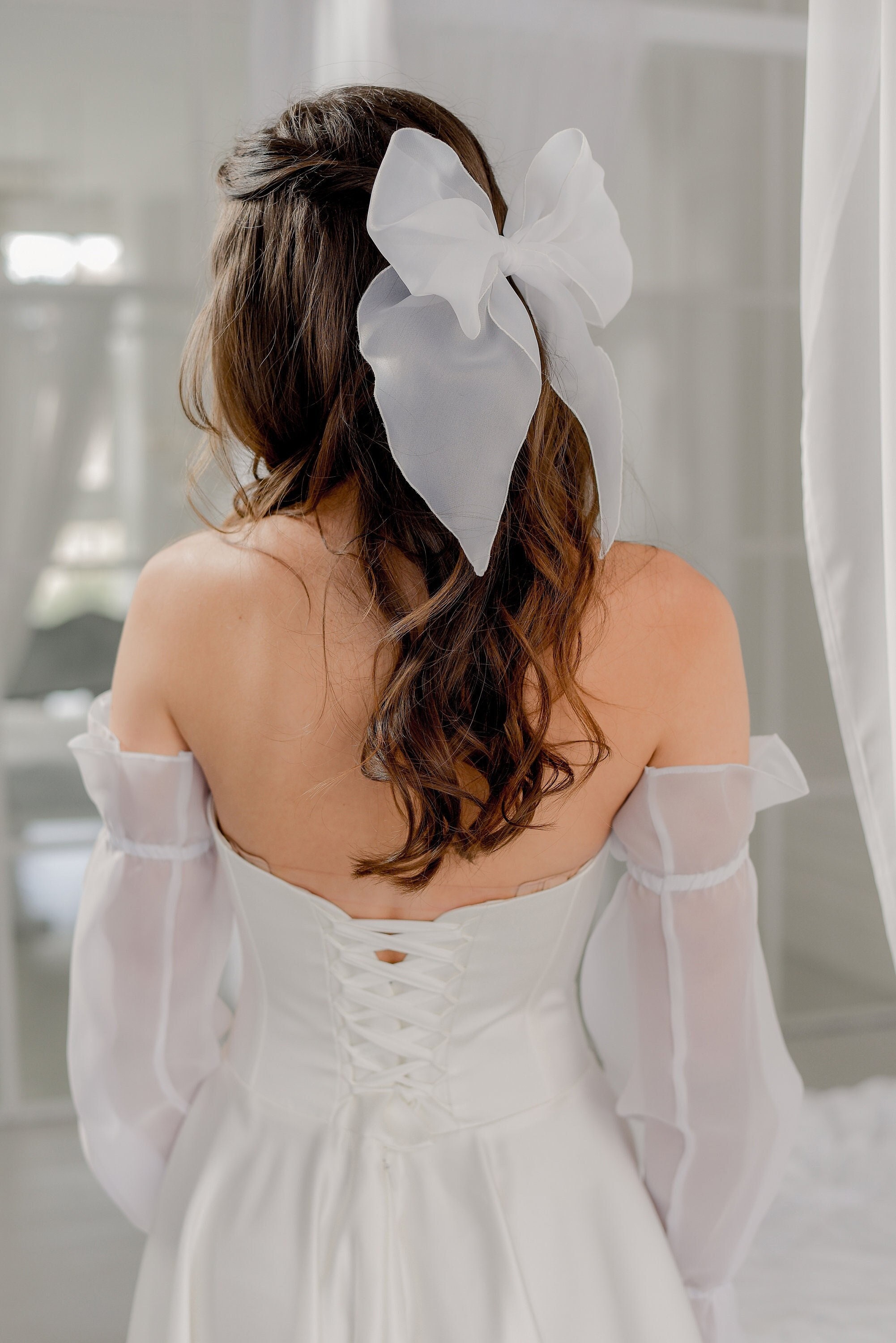 ウェディングアクセサリー GANISONG Bridal Organza Ribbon Veil Ivory Organza Bride Hair Bow, White Chiffon Bridal Hair Bow