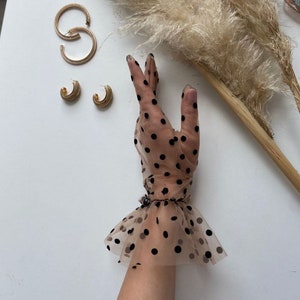 Tulle Gloves for Women Beige & Black Polka Dot Lace Opera girls gloves nylon transperent mesh satin vintage retro elbow ruffle sheer gloves