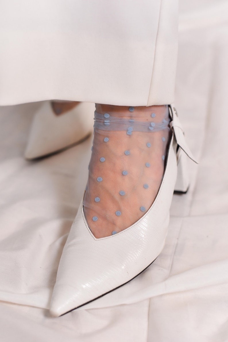 Blue Polka Dot Tulle Socks Sheer Socks Hosiery White Mesh Lace Socks Women Bridal Socks Bridesmaid Gift Fashion Wedding Nylon Vintage Socks image 4