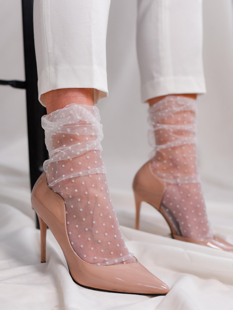 Wedding Socks, White Polka Dot Tulle Socks for Bridal, Sheer Mesh Lace Nylon Transparent Thin Bridesmaid Fashion Trendy Hosiery for Women image 4