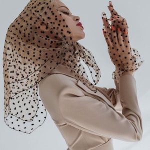 Tulle Gloves for Women Beige & Black Polka Dot Lace Opera girls gloves nylon transperent mesh satin vintage retro elbow ruffle sheer gloves