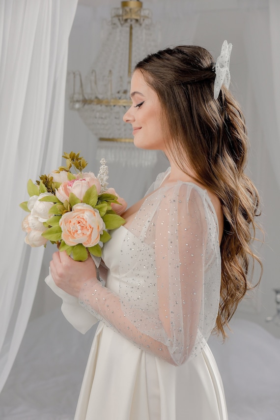Detachable Bridal Long Sleeves with Sequins, Removable Bridal Gown Sleeves with Rhinestones, White Sheer Wedding Dress Sleeves, Tulle Sleeve