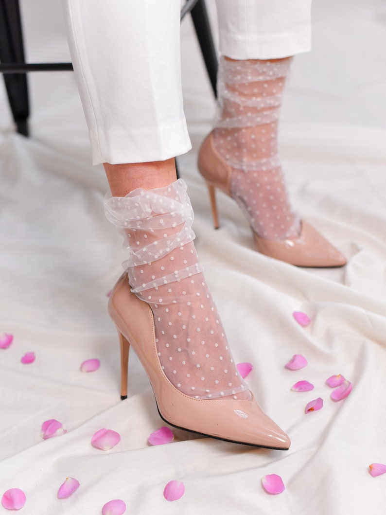 Wedding Socks, White Polka Dot Tulle Socks for Bridal, Sheer Mesh Lace Nylon Transparent Thin Bridesmaid Fashion Trendy Hosiery for Women image 1