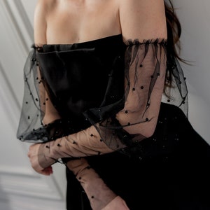 Detachable Sleeves for Wedding Dress, White Pearl Wedding Sleeves, Bridal Tulle Sleeves, Pearl Detachable Sleeves, Sheer Tulle Puff Sleeves Black Pearl / 2106