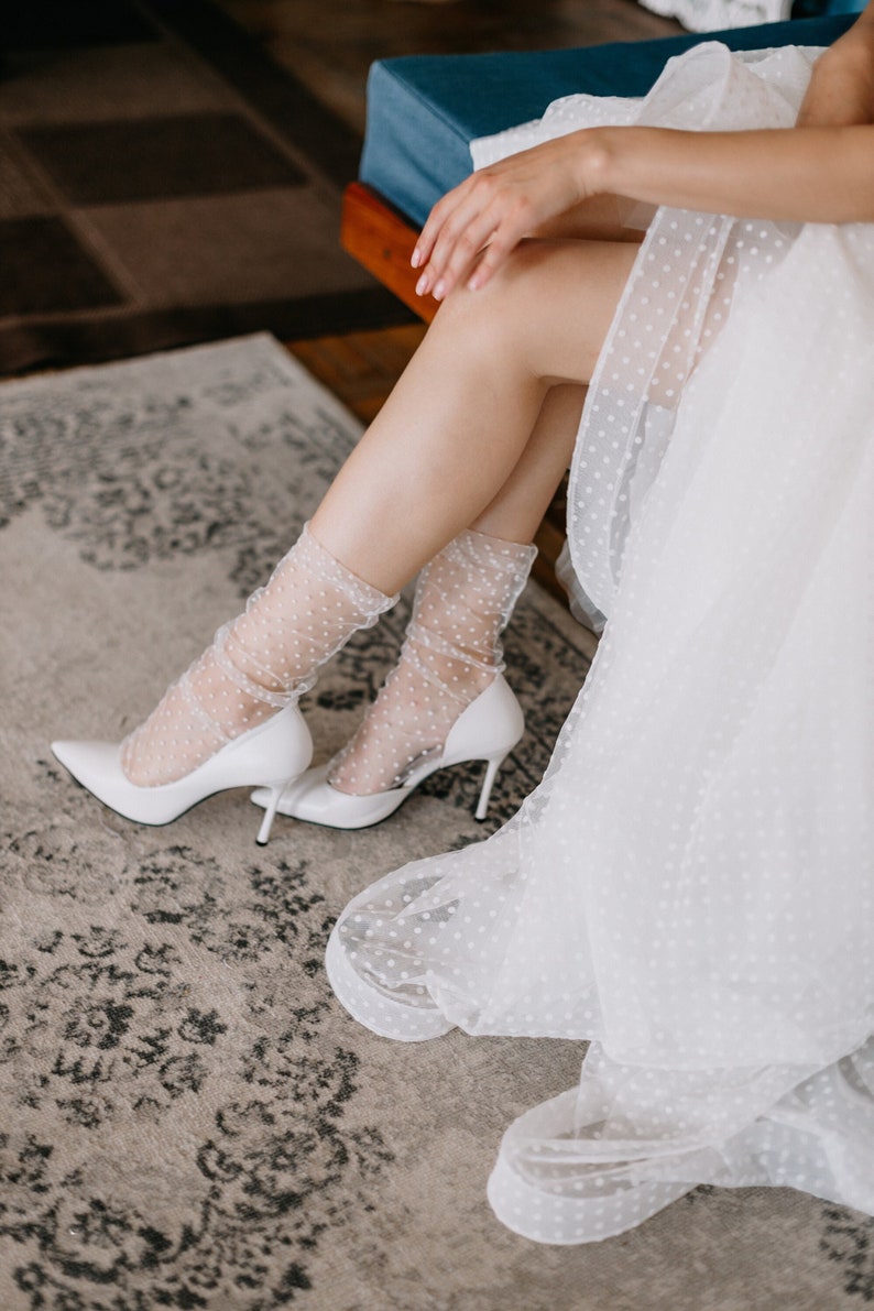Wedding Socks, White Polka Dot Tulle Socks for Bridal, Sheer Mesh Lace Nylon Transparent Thin Bridesmaid Fashion Trendy Hosiery for Women White / 0402