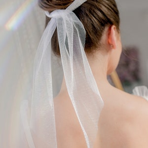May include: A white tulle ribbon tied around a woman's brown hair bun. The ribbon is long and flowing, with a delicate, sparkly texture.