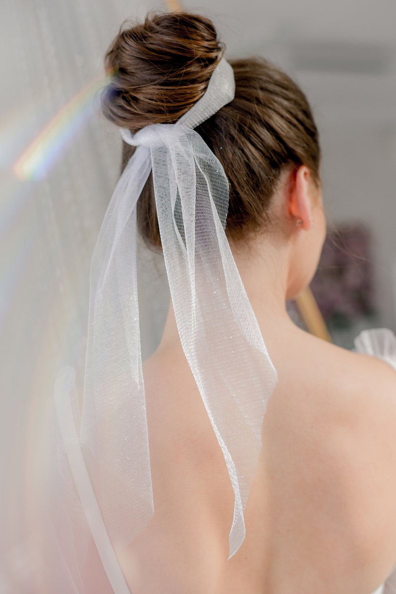 White Pearl Bridal Hair Bow, Tulle Veil Satin Alternative Wedding Pearl Bride Bow, Bridal Hair Bow, Rhinestone Bow Long, Wedding Things image 9