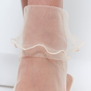 Wedding Socks & Accessories, Beige Soft Tulle Transparent Socks for Women, Lace Sheer Ankle Bell Ruffle Socks, Bridal Nylon Mesh Socks image 3