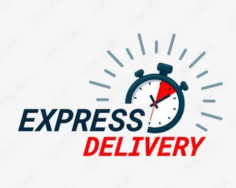 Puede incluir: Un logotipo gráfico con el texto EXPRESS DELIVERY en letras mayúsculas de color azul oscuro y rojo. Un icono de cronómetro azul oscuro con un segmento rojo y líneas radiantes se sitúa sobre la palabra DELIVERY, simbolizando rapidez y urgencia.