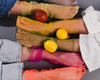 Colorful trendy tulle women Socks Transparent Nylon Sheer handmade Lace Mesh Socks for girls Cute blue red violet pink orange novelty summer