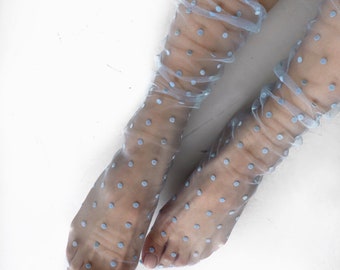 Ljusblå prickiga strumpor, tyllsockor med spets för kvinnor, prickiga, tunna ankelstrumpor, söta nätstrumpor för klackar, tunna, casual vintage-operastrumpor