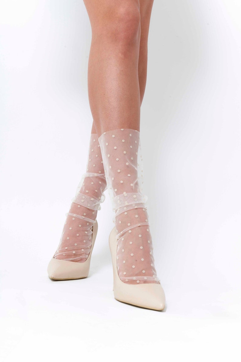 Ivory Polka Dot Tulle Socks, Sheer Tulle Socks, White Mesh Socks, Lace Socks Women, Bridal Socks, Bridesmaid Gift Socks, Wedding Lace Socks Milky White / 1503