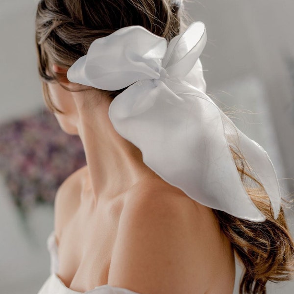 Noeud de mariage en organza, tulle blanc, voile de cheveux de mariée, satin alternatif pour femmes, noeud de ruban pour cheveux, accessoires pour filles, pince à cheveux en mousseline de soie