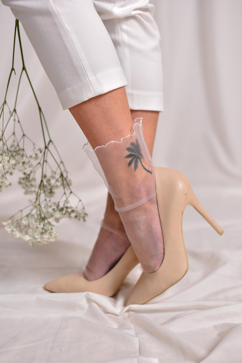 Wedding Socks, Tulle White Ruffle Socks, Sheer Bell Ankle Nylon Mesh Lace Socks for Women, Designer Black Powdery Beige Wedding Accessories image 2