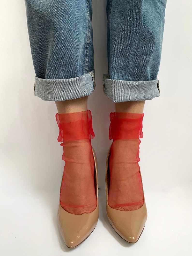Red Tulle Transparent Socks, Sheer Tulle Socks, Mesh Ankle Socks, Transparent Socks, Nylon Lace Ankle Socks, Fashion Socks for Heels image 6