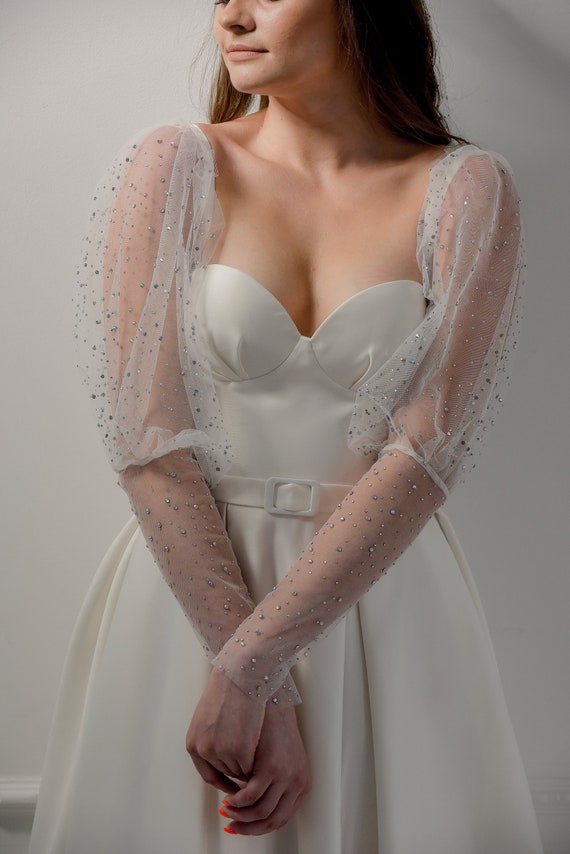 Detachable Sleeves for Wedding Dress, White Pearl Wedding Sleeves, Bridal Tulle Sleeves, Pearl Detachable Sleeves, Sheer Tulle Puff Nylon