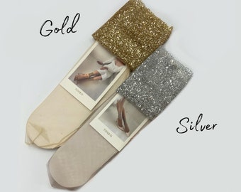 Glitter Tulle Socks, Sheer Socks, Trend Socks, Fashion Socks, Bridal Party Socks, Lace Socks Women, Silver Socks, 0501 glitter sock