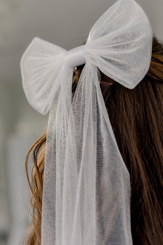 Wedding Bow White Tulle Bridal Hair Veil Alternative Pearl 