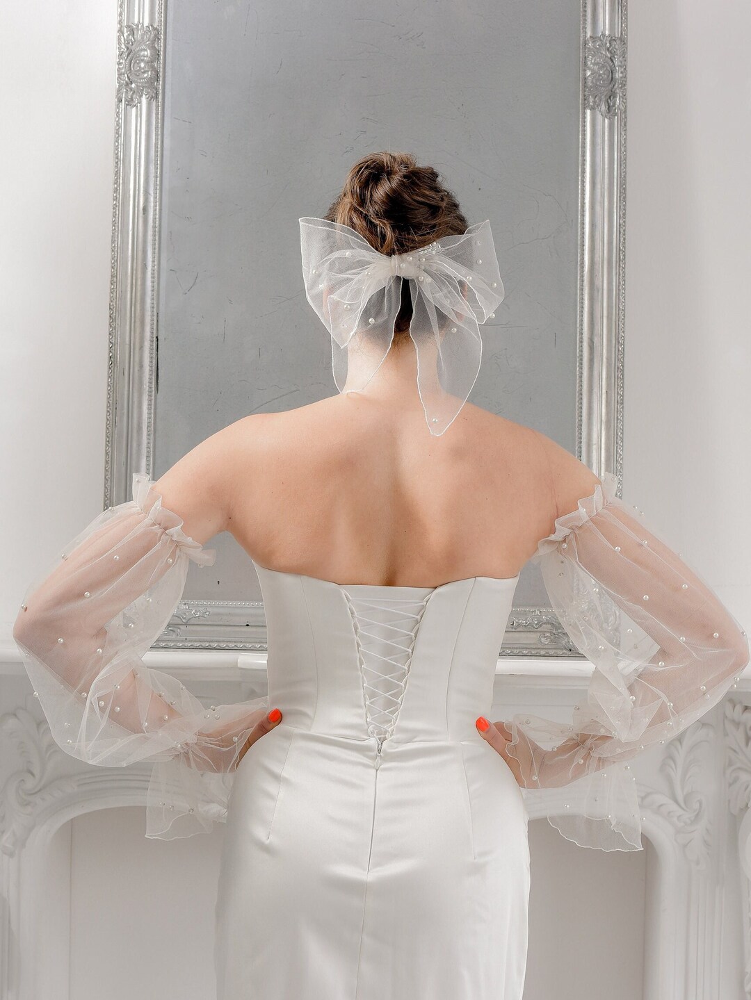 Ivory Bridal Hair Bow Pearl Bow Veil for Bride Tulle Pearl Etsy