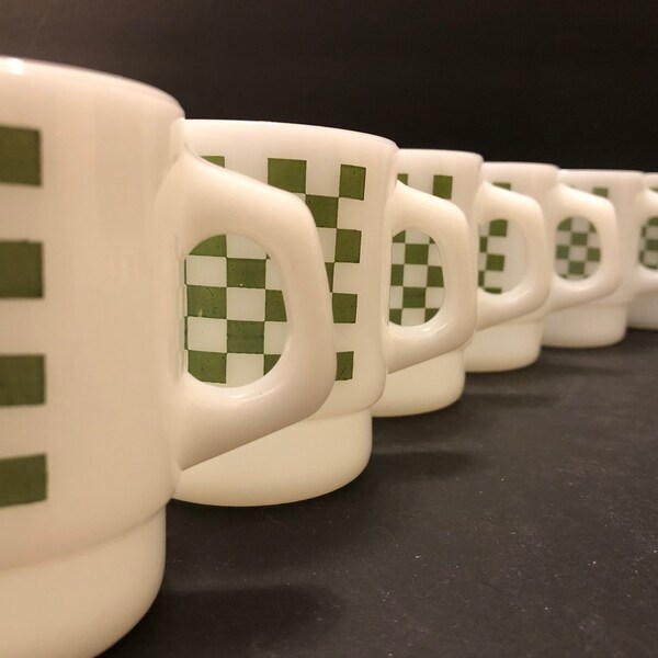 Green Checkerboard Milkglass Stacking Mugs Anchor Hocking FireKing six circa 1960s