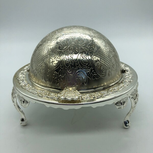 Butter Dish Round 1/2 Globe Dome RollTop Disappears Underneath Circa 1960s England EP Silver