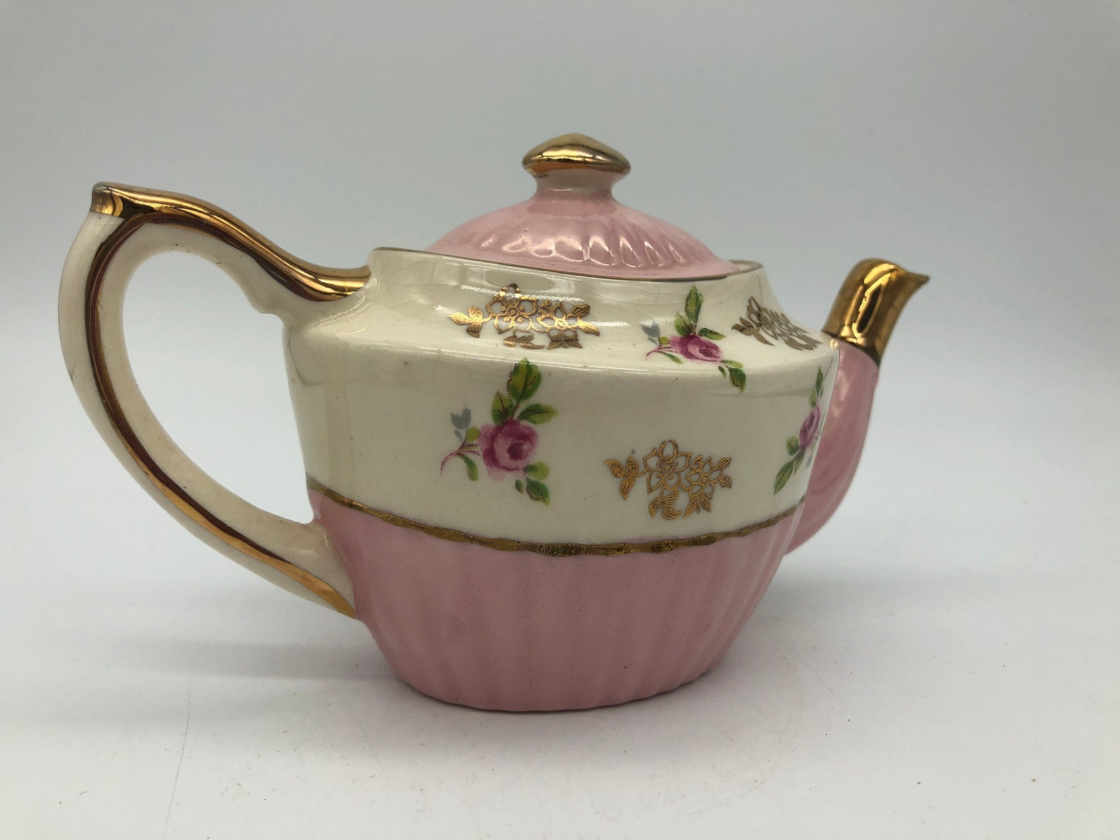 Pink Roses Teapot Gibsons England Small Gold Gilt 1960s chintz Etsy