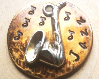 Personalized Saxophone Pet ID Tag: Antique Brass Dog Collar Tag