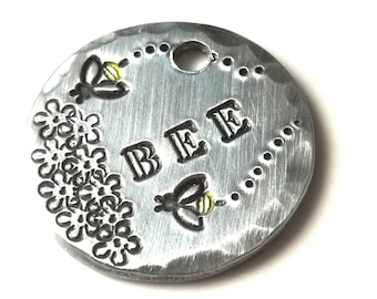 Personalized Pet ID Tag: Hand Stamped Aluminum, Bumblebee & Flowers
