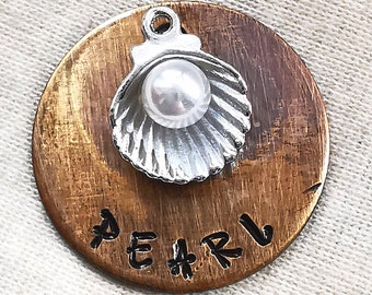 Personalized Pet ID Tag: Brass with Pearl Clam Charm