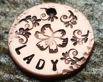 Personalized Copper Pet ID Tag: Hand Stamped Floral Dog Collar Tag