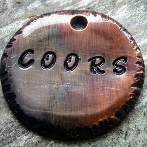 Personalized Beer Cap Pet ID Tag: Hand Stamped Copper Dog Cat Tag