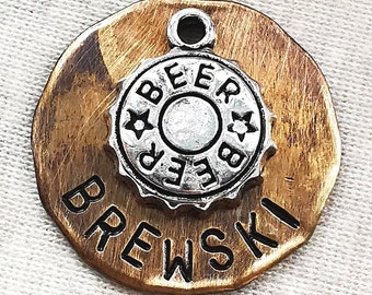 Personalized Beer Cap Pet Tag: Antique Brass Custom Dog ID