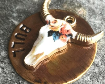 Personalized Bull Pet ID Tag: Antique Brass Dog Collar Tag