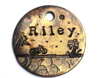 Motorcycle Dog Tag: Custom Hand Stamped Pet ID, Brushed Brass