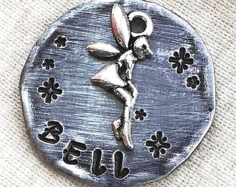 Personalized Pet ID Tag: Antique Brushed Aluminum Fairy Charm