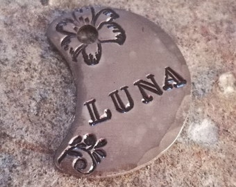 Moon Dog Tag: Hand Stamped Pet ID Tag, Floral Antique Aluminum