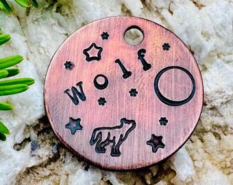Personalized Wolf Pet Tag: Antique Copper Dog ID, Custom Cat Collar